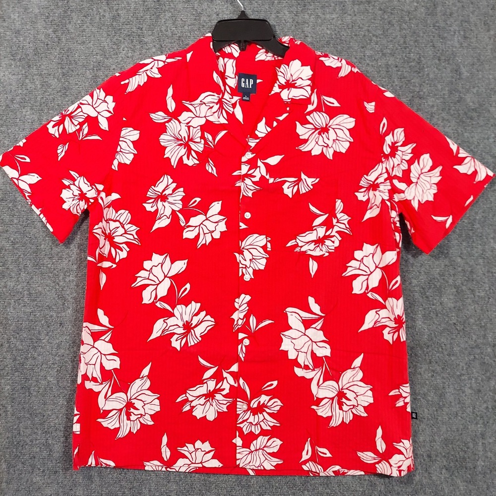 GAP Shirt Mens Large Red Cayenne Flower Fill Hawaiian Aloha‎ Floral Loop Collar